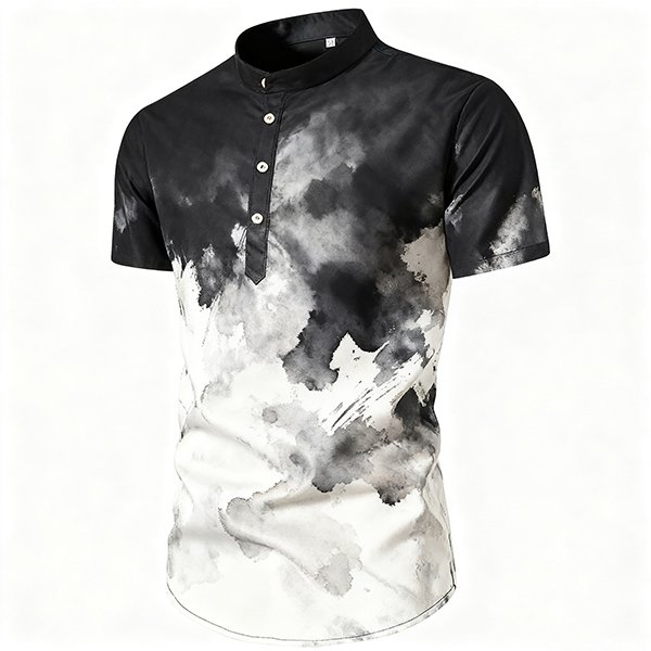 Stand Collar Button-Down Men's Shirt - Short Sleeve Casual Fashion Pullover