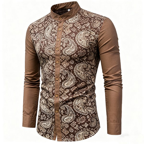 Men's Slim-Fit Stand Collar Linen-Cotton Shirt - Casual Half-Open Front